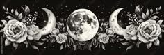 the moon and three roses are in front of a black background with white stars,