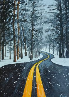 a painting of a road in the snow with trees on both sides and yellow lines down the middle