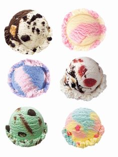 six different types of ice creams in various shapes and sizes on a white background