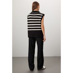 Off-white stripe knit (100% Acrylic). Vest. Sleeveless. Quarter zip. Front zipper closure. 7.5" from shoulder to hemline. Imported. Casual Striped Knit Vest, Striped Knit Sleeveless Sweater Vest, Striped Sweater Vest, Fitted Turtleneck, Rent The Runway, Closet Designs, Striped Sweater, Striped Knit, Stripe Sweater