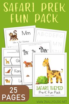 safari printables for kids with the text safari prek fun pack on them