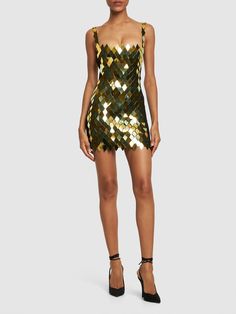 Fixed straps. Concealed back zip closure. Back cutout. Embellished with sequins. All over pattern placement may vary. Lined. Model is wearing a size38 Gold Sleeveless Mini Dress With Contrast Sequin, Sleeveless Sequin Club Dress, Sleeveless Club Dress With Contrast Sequin, Gold Embellished Dress With Spaghetti Straps, Attico Dress, Brown Hair Balayage, All Over Pattern, The Attico, Shearling Jacket