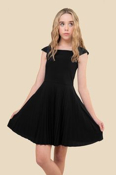 Cap sleeve pleated skirt in black with all over stretch fabric, cap sleeve detailing for shoulder coverage and hits above the knee. Navy Cap, Twirl Dress, Cap Dress, Capped Sleeve Dress, Dresses For Teens, Dance Dresses, Nordstrom Dresses, Fit And Flare Dress, Pleated Dress