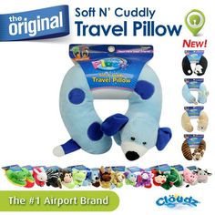 the original travel pillow is blue and has an animal on it's front end