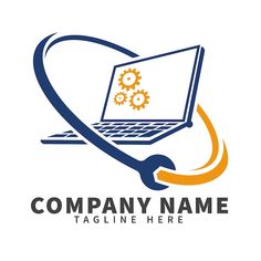 a laptop computer with gears on the screen logo design template for company or web site