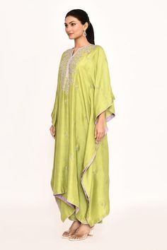 Green kaftan with zardozi embroidered floral patterns and contrasting purple hem patti. Comes with matching solid pant. - Aza Fashions Anarkali Kaftan With Embroidered Border For Eid, Designer Purple Kurta With Embroidered Border, Designer Purple Embroidered Kurta, Purple Kurta With Embroidered Border For Eid, Green Embroidered Kaftan For Eid, Festive Embroidered Purple Kaftan, Green Kaftan, Anushree Reddy, Set Women