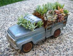 an old toy truck with succulents in the bed is sitting on gravel