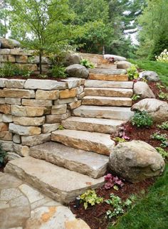 stone steps lead up to the side of a house