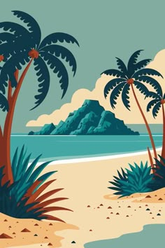 an image of a tropical beach scene with palm trees and mountains in the back ground