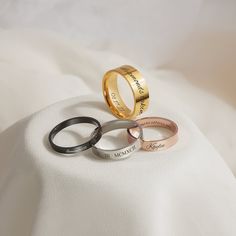 This Custom Engraved Ring is perfect for everyday wear. The Minimalist style design. Dainty Ring are available in silver, gold, black and rose gold, and 3 styles : Skinny Ring, Mid-Ring, Thick Band Ring. Also, this dainty ring can be engraved however you desire Type your name, Where you and your lover First Met or other special meaning words to design it, make your rings unique and show off your personality. Suitable for all kinds of occasions, wedding day gift, birthday best friend ring, annive Luxury Symbolic Engraved Ring For Promise, Luxury Engraved Rectangular Ring For Gift, Cheap Symbolic Engraved Promise Ring, Personalized Engraved Ring For Gift, Luxury Personalized Engraved Promise Ring, Cheap Hallmarked Engraved Ring For Anniversary, Cheap Custom Name Engraved Ring As Gift, Luxury Rectangular Engraved Promise Ring, Luxury Silver Stainless Steel Engraved Ring