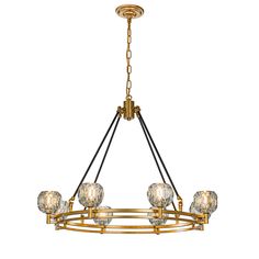 a chandelier with five lights hanging from it's center and four glass balls on the bottom