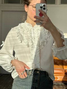 "Vintage 80s embroidered blouse in white, made of viscose and polyester, fits XS - S, decorated with stunning elements, very light, suits for formal and informal events, perfect condition, however, there is tie on the backside Measurements:  shoulders - 38 cm / 15\" sleeve - 56 cm / 22\" length - 56 cm / 22\" bust from armpit to armpit- 48 cm / 18.9\"" White Ruffled Shirt For Formal Occasions, Formal White Ruffled Shirt, White Fitted Feminine Shirt, Fitted Feminine White Shirt, White Spring Blouse For Formal Occasions, Vintage White Formal Blouse, Vintage White Blouse For Formal Occasions, Astrakhan Coat, Women Blouse