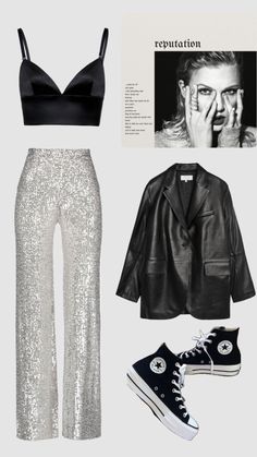 a pair of black and white shoes, cropped top, sequin pants, and jacket