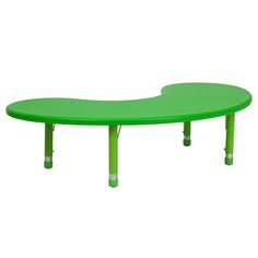 a green table with two legs and a curved top