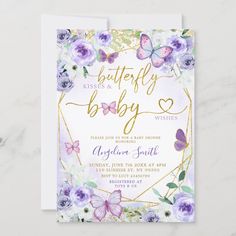 a purple and gold butterfly baby shower is displayed on a marble surface with the words, butterfly baby written in gold