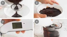 the process to make chocolate cake is shown in four different stages, including measuring and pouring