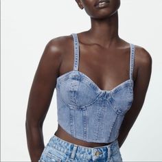 Sold Out Style Nwt Price Firm Top Spaghetti Strap, Long Dresses Casual Maxi, Denim Corset Top, Zara Bodysuit, Corset Blouse, Sleeveless Knit Top, Denim Crop Top, Denim Corset, Crewneck Style