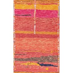 an orange, pink and yellow rug with fringes on the bottom is shown in front of a white background