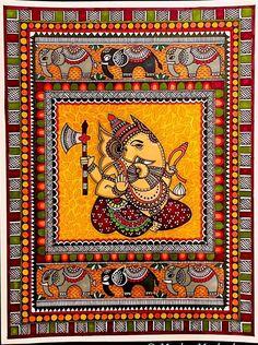 Krishna Folk Art Painting, Madhubani Art Buddha, Ganpati Madhubani Art, Folk Art Sketches, Kalamkari Ganesha Painting, Gond Art Ganesha, Ganesh Madhubani Art, Canvas Madhubani Painting, Madhubani Art Of Krishna