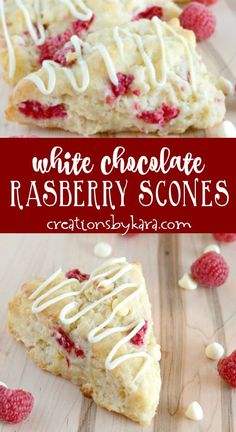 raspberry scones with white chocolate drizzle on top and red berries