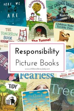 some books that are in the middle of a collage with text reading resonsibity picture books