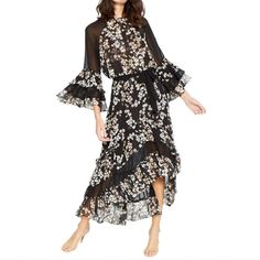 Misa Los Angeles Retail: $420 Black Floral Kateri Dress - Full Skirted And Flounced A-Line Round Neck Belted Waist 3/4 Flutter Sleeve Hi-Low Hem Button Closure Running In Fabric Shown Material: 100% Viscose Size Small Length: 43"-56" Bust: 35" Waist: 26" Sleeve: 19" Pre-Owned. Excellent Condition. Light Normal Wear. See Last Photo For Running In Fabric. Poppy Dress, Long Cocktail Dress, Floral Chiffon Dress, Full Skirt Dress, Max Black, Floral Print Maxi, Long Tunic, Floral Ruffle, Floral Chiffon