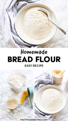 homemade bread flour in a white bowl with spoons