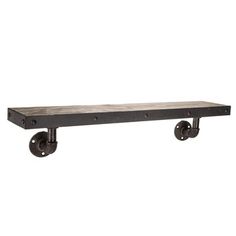 an industrial style shelf with two wheels on each side and one wheel attached to the wall