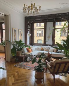 a living room filled with furniture and lots of plants on top of wooden flooring