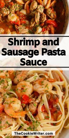 shrimp and sausage pasta sauce in a white bowl with text overlay that reads shrimp and sausage pasta sauce