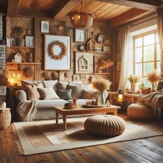 a living room filled with lots of furniture and decor on top of a wooden floor