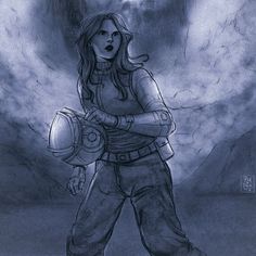 a drawing of a woman holding a helmet in front of a dark sky with clouds