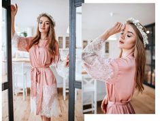 Blush Silk Robe Blush Bridal Robe With Wide Lace Trim Gift - Etsy Feminine Lace Wedding Robe, Elegant Wedding Robe With Lace Cuffs, Feminine Lace Robe For Wedding Night, Satin Robe With Lace Trim For Wedding Night, Wedding Night Satin Robe With Lace Sleeves, Elegant Dresses For Gifts, Feminine Satin Robe For Wedding Night, Elegant Pink Bridesmaid Robe, Elegant Pink Wedding Robe