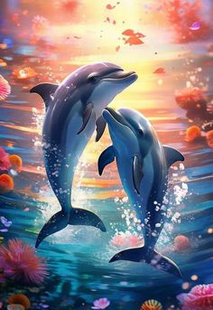 two dolphins are swimming in the ocean