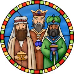 stained glass depicting three wise men in front of a blue sky