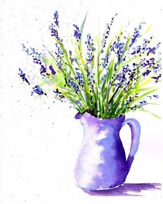 a watercolor painting of lavender flowers in a pitcher