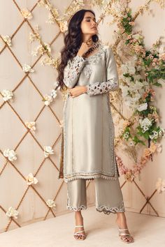 Eshal | Pakistani Designer Outfit | Sarosh Salman Elegant Luxury Salwar Kameez For Eid, Luxury Slub Silk Salwar Kameez For Eid, Luxury Slub Silk Salwar Kameez With Cutdana, Luxury Silk Salwar Kameez For Spring, Luxury Slub Silk Salwar Kameez For Spring, Luxury Ceremonial Suits For Eid, Luxury Tissue Silk Eid Dresses, Luxury Silver Women's Kurta, Pakistani Dresses Casual Silk