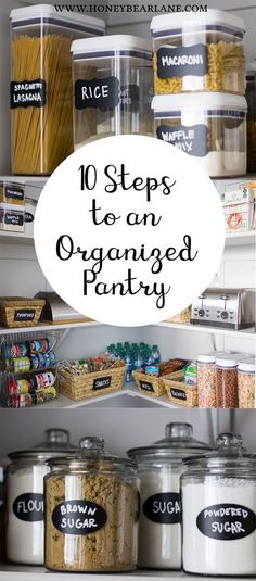 an organized pantry with lots of food in containers and labeled labels on the bottom shelf