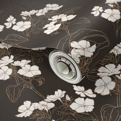 a floral wallpaper with white and brown flowers on black background, close up view