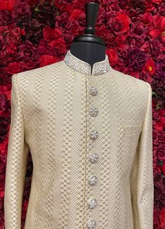 The Darpan Sherwani exudes sophistication with its elegant ivory tone and intricate textured pattern. This timeless sherwani is a perfect choice for weddings and formal celebrations, offering a regal look with unmatched craftsmanship. Key Features: Elegant Design: Ivory sherwani with detailed textured patterns. Premium Fabric: Crafted with high-quality materials for comfort and style. Customizable Accessories: Dupatta, mojari, safa, and jewelry can be tailored to your preference. Color - Ivory W Ivory Sherwani, Buy Lehenga Online, Indian Bridal Couture, Elegant Veils, Reception Gowns, Mehendi Outfits, Bridal Lehenga Red, Lehenga Online, Buy Jewellery Online