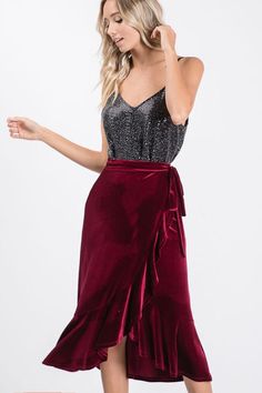 Velvet Ruffled Wrap Midi Skirt | Say More Boutique Bday Photoshoot, Winter Sewing, Wrap Midi Skirt, Velvet Tie, 30th Bday, Retro Styles, Skirt Trends, Soft Feminine, Nice Outfits