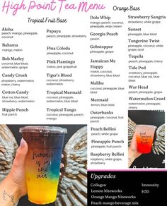 the high point tea menu is shown with an orange and blue drink in it's hand