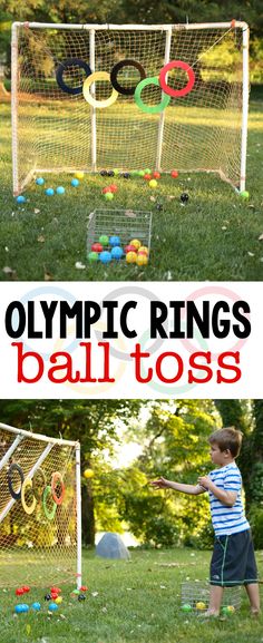 an olympic rings ball toss game in the grass with text overlay that reads, olympic rings ball toss