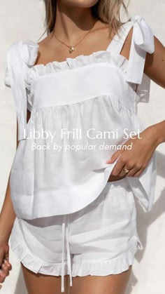 model is wearing libby frill cami set from homebodii Linen Cami, Elegant Outfit Classy, Trendy Fashion Tops, Cami Set, 50 Years Ago, Hottest Fashion Trends, Making Waves, Linen Dresses, Elegant Outfit