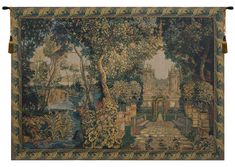 a tapestry hanging on the wall in front of a white backdrop with trees and flowers