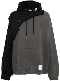 black/grey cotton drawstring hood front patch pocket logo patch to the front distressed effect jersey texture long sleeves ribbed cuffs and hem Maison Mihara Yasuhiro, Maison Mihara, Pocket Logo, Balenciaga Triple S, Sweaters Knitwear, Cotton Hoodie, Mens Activewear, Grey Cotton, Wristlets