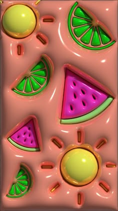 an image of fruit slices and limes on a pink background