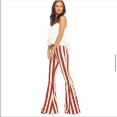 Only Worn A Few Times, Perfect Condition, No Flaws. Size 26, 98%Cotton & 2%Spandex. 35” Inseam With Raw Hem. Bought Brand New Sienna Red And Cream Stripes Open To Offers Or Bundles! Retro White Pants For Fall, Stretch Red Bottoms For Day Out, Fitted Red Bottoms For Day Out, White Stretch Retro Bottoms, White Stretch Retro Pants, White Retro Stretch Pants, Retro White Stretch Pants, Red Flare Bottoms For Summer, Striped Flare Pants