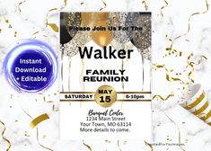 a flyer for a family reunion with balloons and confetti in the air on a marble background