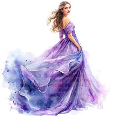 a watercolor painting of a woman in a long purple dress with flowing fabric on the skirt